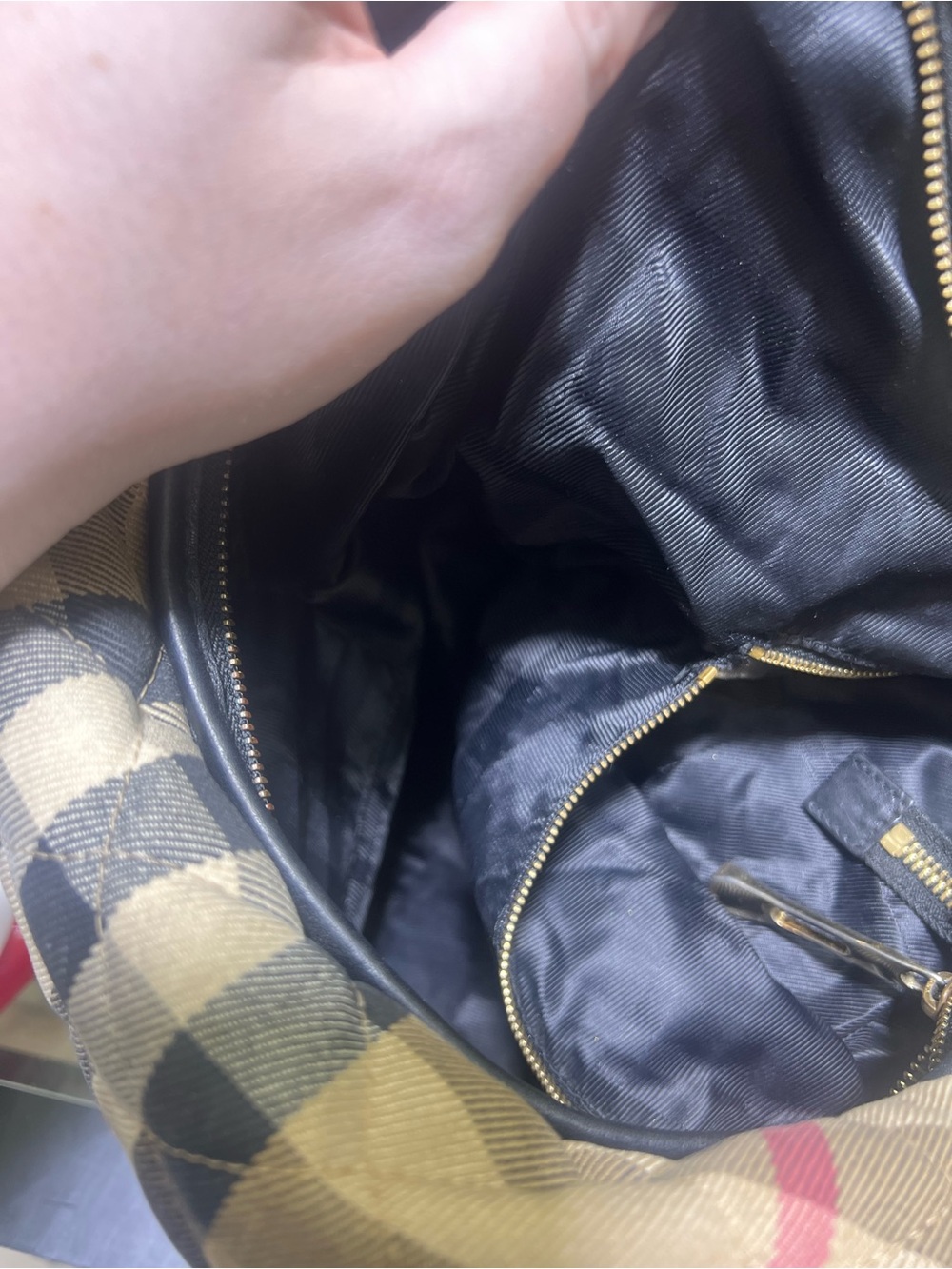 Burberry Beige Check Shoulder Bag with Black Leather Trim and Red Accent - Picture 10 of 15
